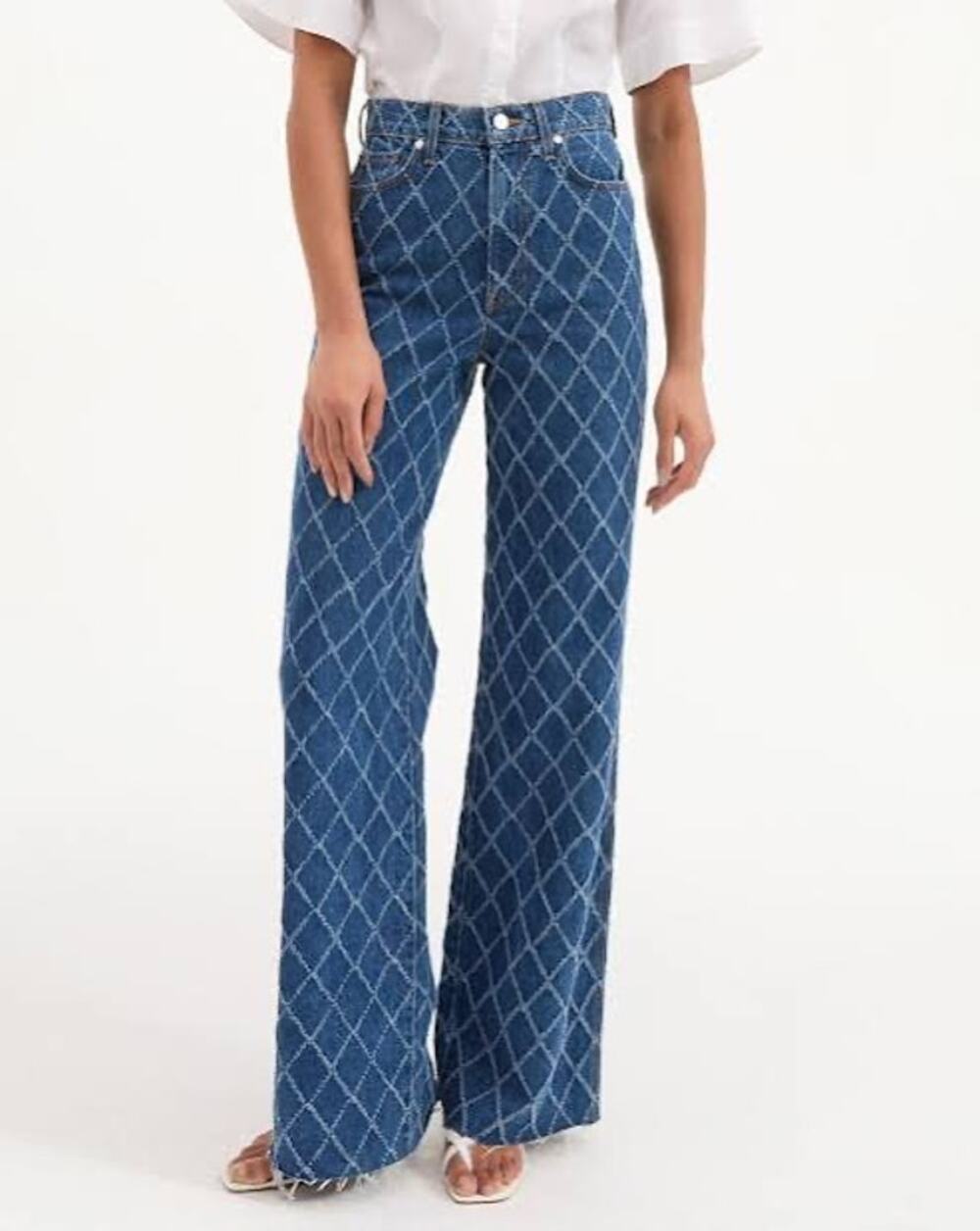 Veronica Beard Blue Diamond-Print Wide-Leg Jeans